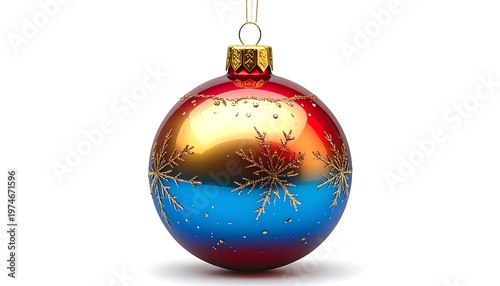 Festive ornament round, shiny, red, gold, and blue with snowflake design