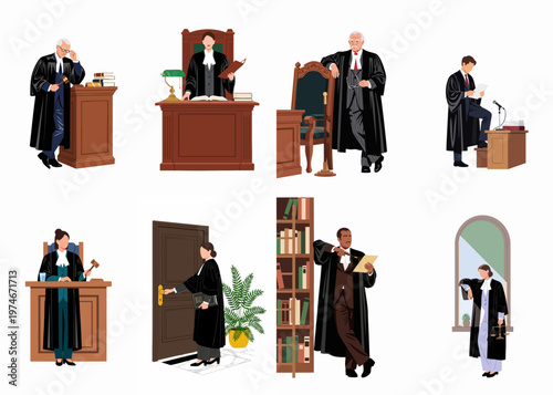 Set of diverse judges in professional legal settings, including courtrooms, libraries, and offices, wearing traditional black robes and holding gavels or documents.