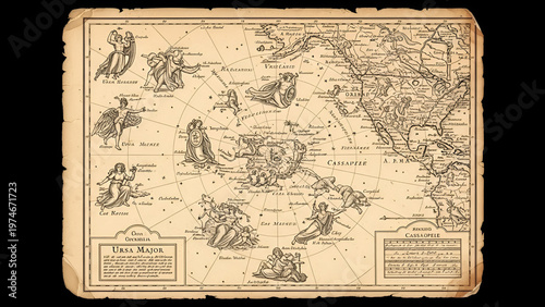 Vintage star chart with illustrations of constellations and astronomical map