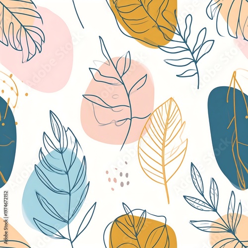 A seamless pattern on white background with watercolor brushstrokes and line art leaves in various colors
