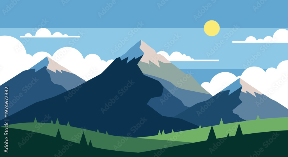 Fototapeta premium Vast Mountain Landscape with Sun and Clouds, a Serene Nature Scene