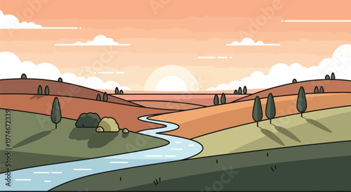 Vibrant Vector Flat Design Landscape Illustration Serene Hills, River, and Sunset Scene