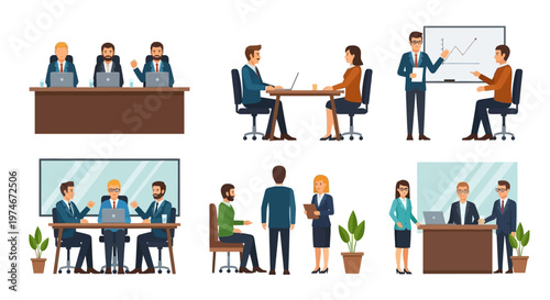 Business meeting, presentation, teamwork, and office collaboration scenes