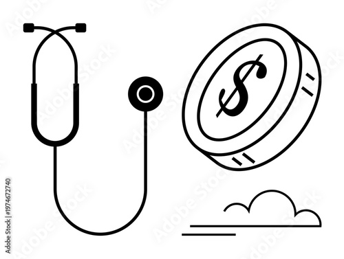 Healthcare costs, financial planning, medical economics, investment, savings, economic growth. Stethoscope and dollar coin icon with a cloud. Healthcare costs and financial planning concept