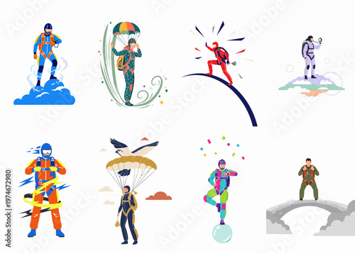 Set of flat vector illustrations featuring diverse skydivers and paragliders in various poses, including freefalling, parachuting, and standing on clouds.