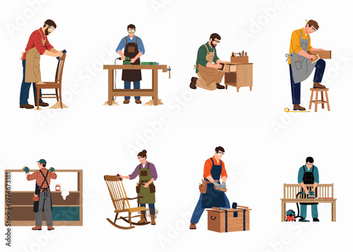 Collection of diverse carpenters and woodworkers working on various furniture pieces including chairs, benches, and cabinets in a professional flat vector illustration style.