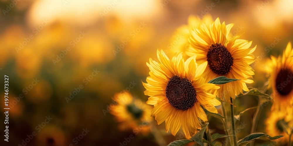 Obraz premium The Sunflower Closeup in a Golden Field During Warm Sunset Glow