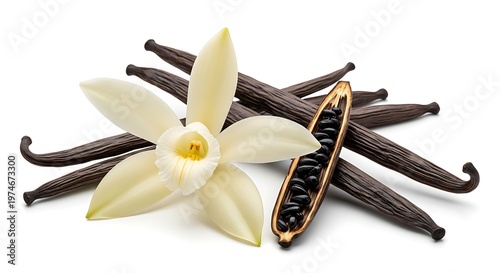 Tender vanilla flower and dried pods isolated on white background