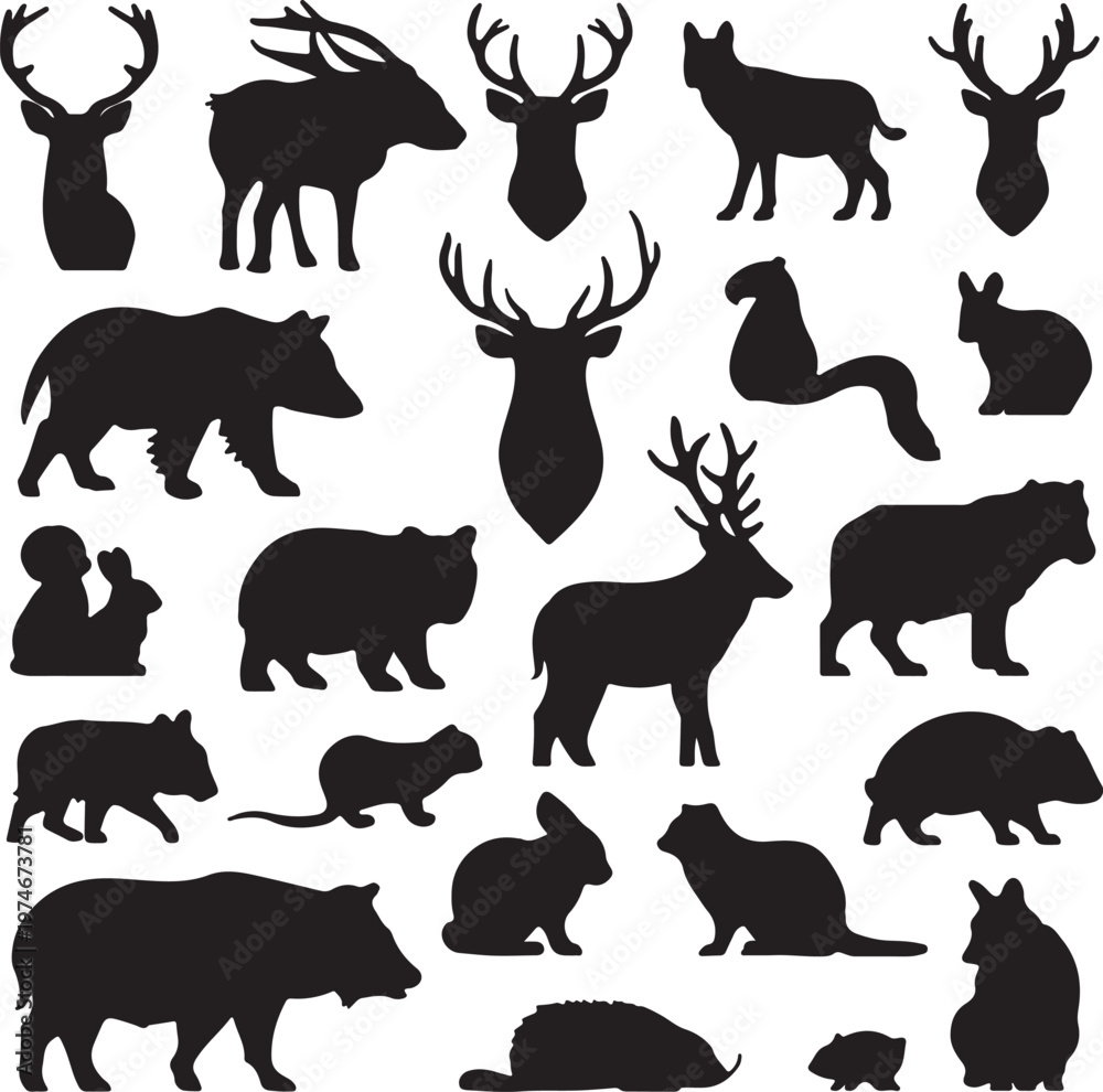 Obraz premium Silhouettes of diverse forest and woodland animals in black and white