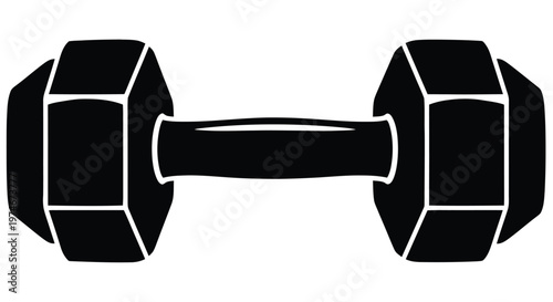 A black and white illustration of a single dumbbell viewed from the front