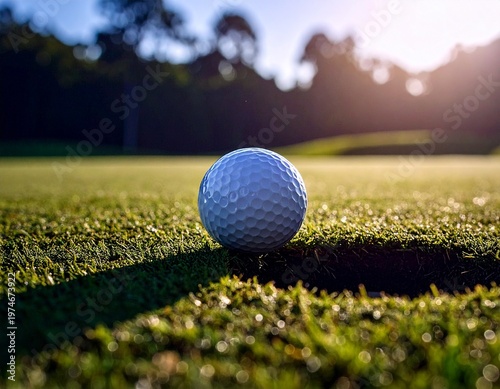 Golf Ball Near Hole with Long Shadow on Green Course