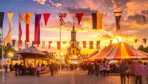 Festive outdoor market at sunset, with flags strung above a bustling crowd leading to a grand building
