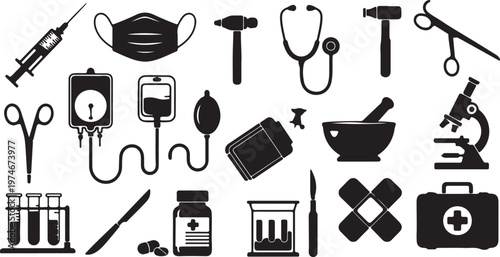 Medical equipment silhouette collection featuring stethoscope syringe and surgical tools for professional healthcare clinical hospital and pharmacy themed vector designs