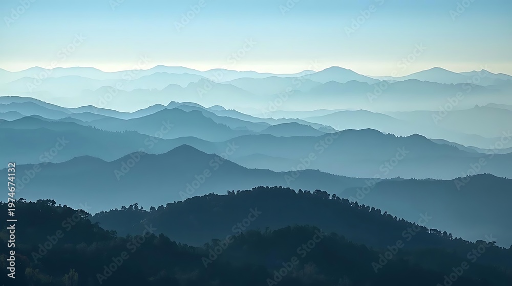 Fototapeta premium misty mountain range at dawn with layered fog and soft sunlight