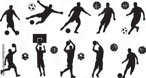 Sports athlete silhouette set including soccer football and basketball player action poses with ball icons for athletic team competition and fitness design