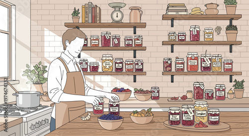 Man preparing homemade preserves in a rustic kitchen setting.