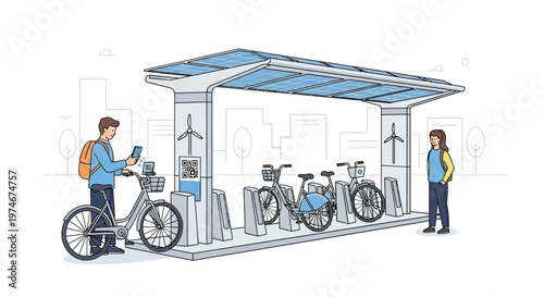 Modern sustainable bicycle sharing station with solar panels and wind turbines.