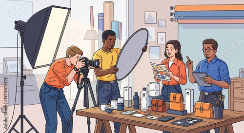 Photography studio setup with diverse team working together.