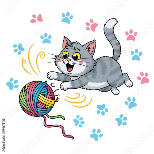 Playful Kitten Chasing a Colorful Ball of Yarn.
