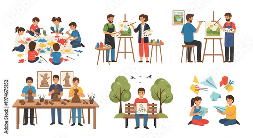 Children and adults engaged in various creative art and craft activities