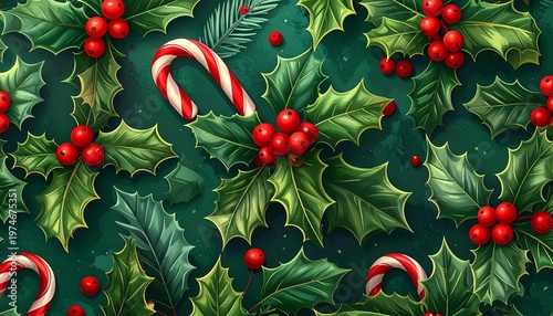 Festive pattern of holly leaves, red berries, candy canes, and evergreen sprig on a dark green background