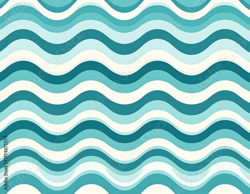 A seamless repeating pattern showcases layered, undulating stripes in various shades of teal and off-white. This design creates a visual flow