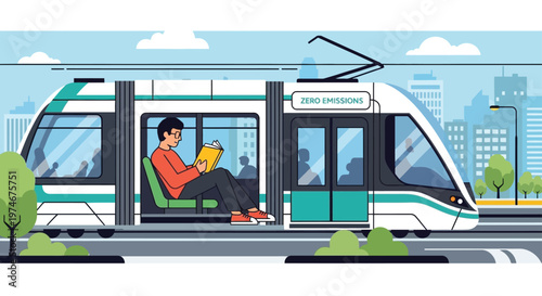 Man reading book inside modern tram on city street.