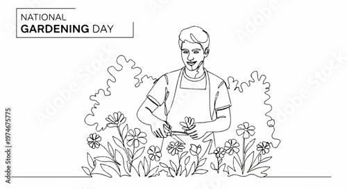 Professional gardener pruning blooming flowers in continuous line style