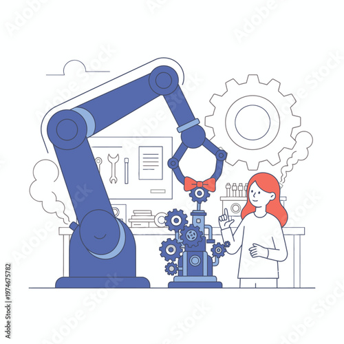 Robotic arm attaching bow tie to small robot.