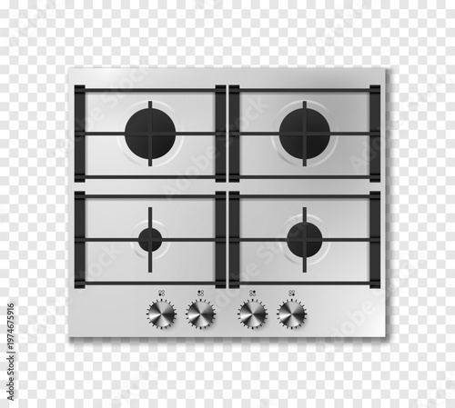Gas stove with blue flame and black steel grate. Kitchen stainless cooktop with lit and off burners. Vector realistic set of burning propane butane on hob top view isolated on transparent background