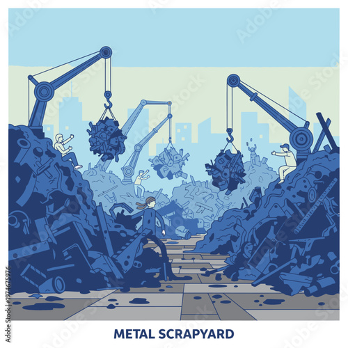 Industrial Metal Scrapyard with Cranes and Piles of Scrap.