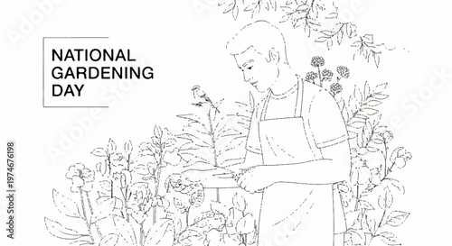 Gardener pruning lush plants for national gardening day line drawing