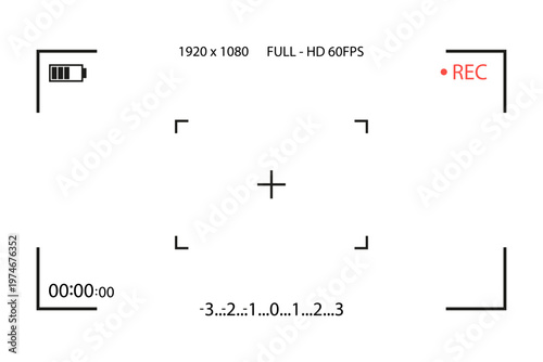 Video camera viewfinders. Recording view frame, cinema rec viewing screen and dslr cam viewfinder. Video filming screen, shooting camera recording display isolated vector