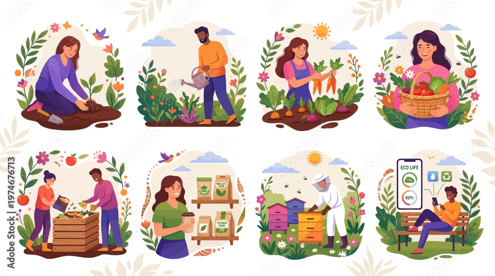 Fototapeta premium This vibrant illustration set highlights sustainable living and eco-friendly gardening practices through a series of engaging and modern visuals.