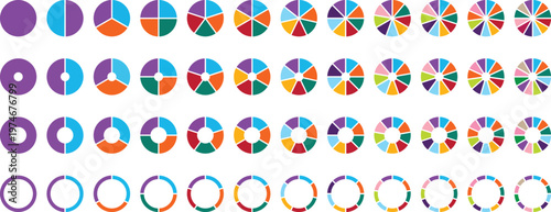 Pie chart color icons. Segment slice sign. Circle section graph. 1,2,3,4,5,6,7,8,9,10,11,12 segment infographic. Different color circles isolated. Infographic element round shape. Vector illustration