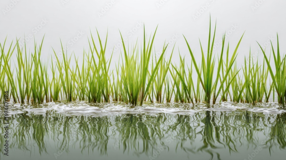 Obraz premium Lush Green Grass Growing in Water with Soft Reflection Under Calm Light for Nature and Landscape Themes
