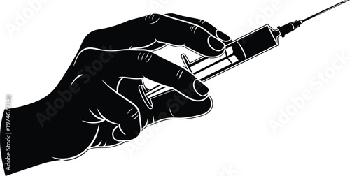 Conceptual illustration of hand holding syringe above clothing, symbolic medical injection, vaccination or drug use theme with textured background for healthcare, risk and awareness concept