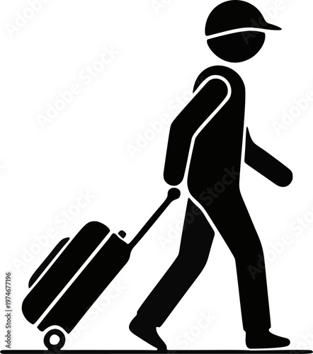 Silhouette of traveler pulling rolling suitcase — vector icon
