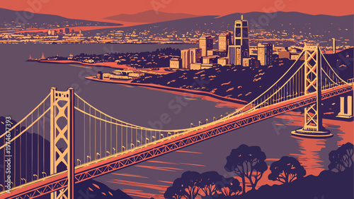 Retro sunset landscape featuring a suspension bridge spanning across the water towards a distant modern skyline with tall buildings and urban sprawl