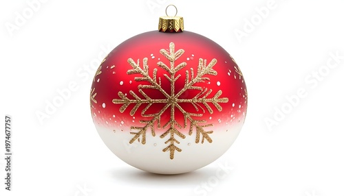 Festive red and white Christmas ornament with gold snowflake detail isolated on a clean white background