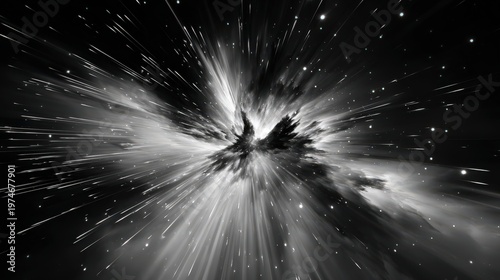 Explosive cosmic energy radiates outward in this black and white deep space scene.