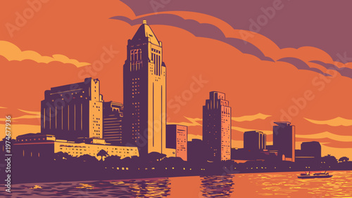 Stylized Urban Cityscape Silhouette Featuring Tall Skyscrapers Under A Vivid Sunset Sky With A Reflective River Flowing In The Foreground Landscape