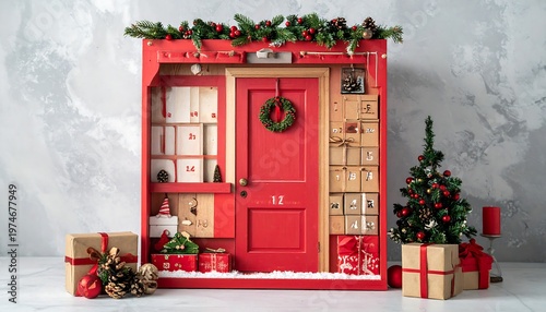 Festive red advent calendar shaped like a door, adorned with gifts and garland
