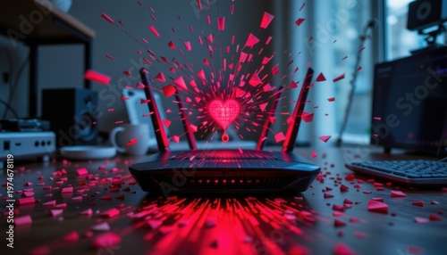 Router emitting heart-shaped light in modern workspace for digital connectivity