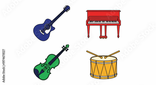 Musical Instruments Guitar Piano Violin Drums.
