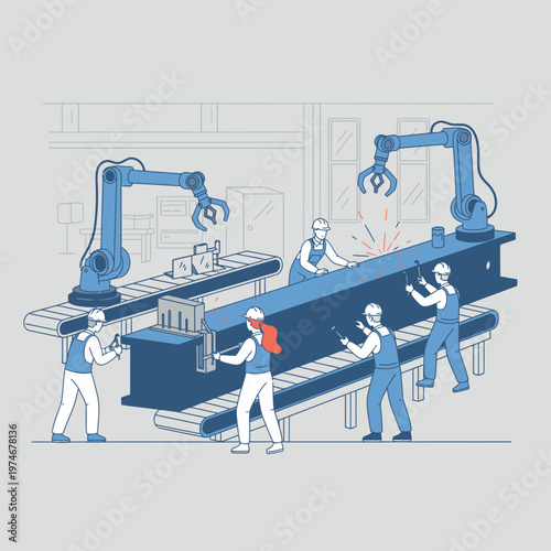 Robotic Arms and Workers Collaborate on Industrial Assembly Line.