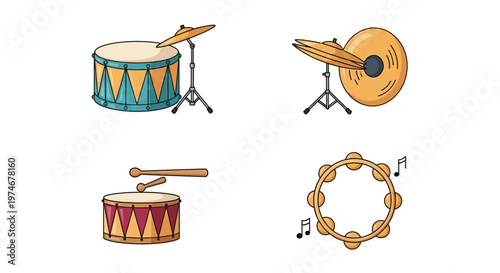 Colorful percussion musical instruments set.