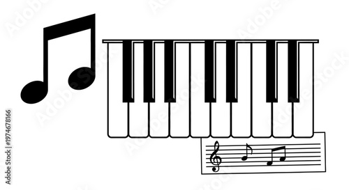 Piano keyboard with music notes symbol.