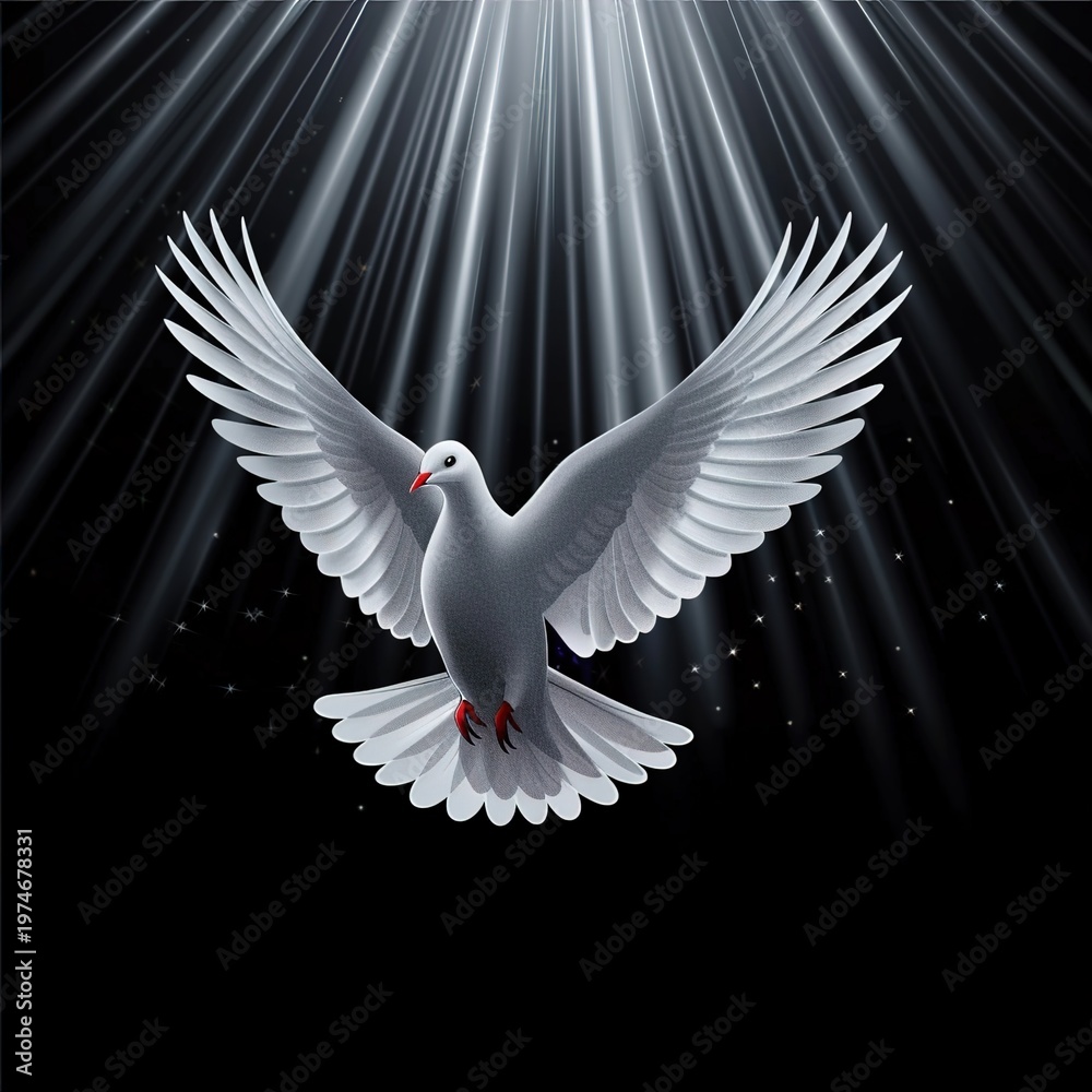 Fototapeta premium A white dove flying upwards with outstretched wings towards a beam of light