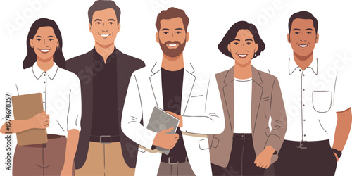 Portrait of confident business team led by strong leader, diverse men and women company employees standing together professional corporate vector illustration